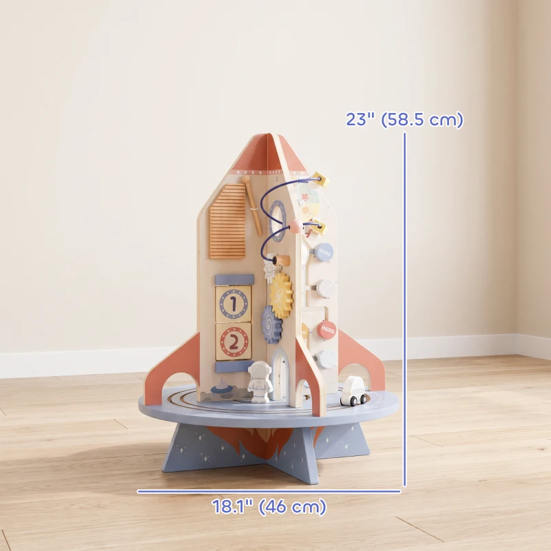 Qaba Wooden Activity Cube, Rocket Theme Educational Toys with Shape Sorter & Bead Maze for Toddlers 24M-6Y Fine Motor Skill