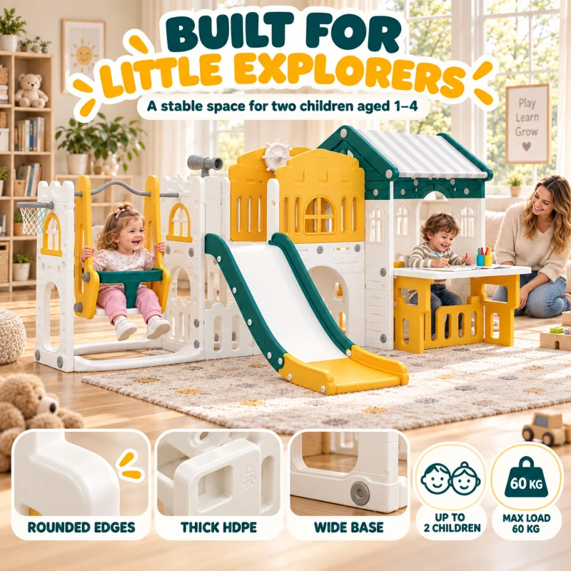 Qaba 11 in 1 Toddler Slide and Swing Set w/ Playhouse, Kids Slide Playset Indoor Playground for 1-4 Years, Yellow