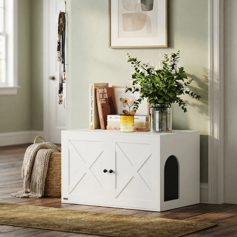 PawHut Cat Litter Box Enclosure with Barn Door, Cat Hole, 31.5" x 21" x 20", White