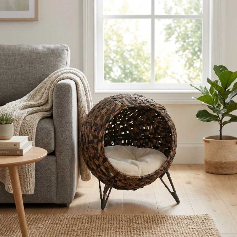 PawHut 20.5" Weaved Cat Bed, Elevated Hand-woven Braided Banana Leaf Kitten House Condo with Cushion, Brown