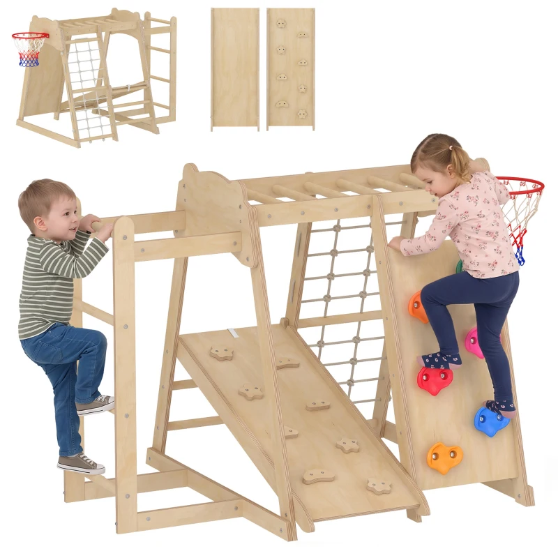 Qaba 7-in-1 Kids Montessori Jungle Gym with Reversible Slide, Basketball Hoop, Monkey Bars, Rock Wall, Climbing Net & Ladder