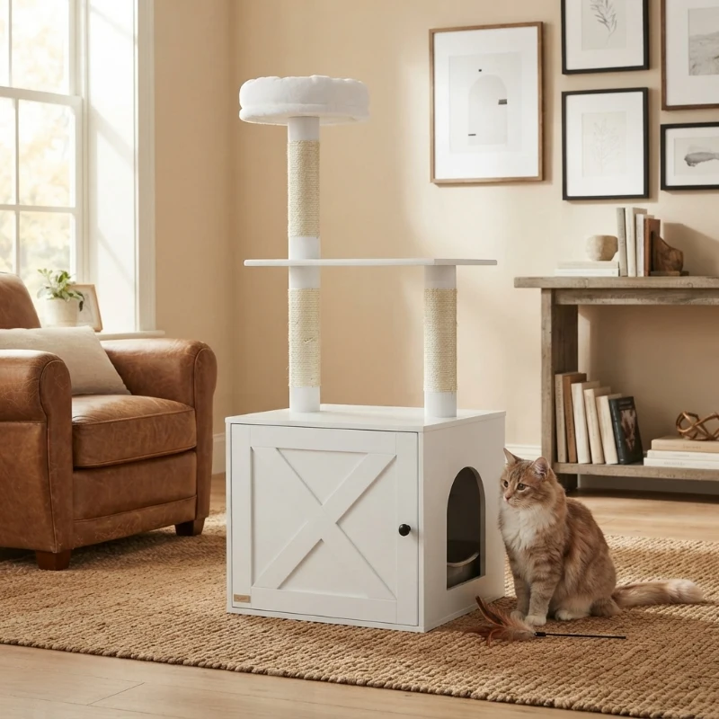 PawHut Cat Tree with Litter Box Enclosure, Scratching Posts, Bed, Climbing Platforms for Indoor Cats, White