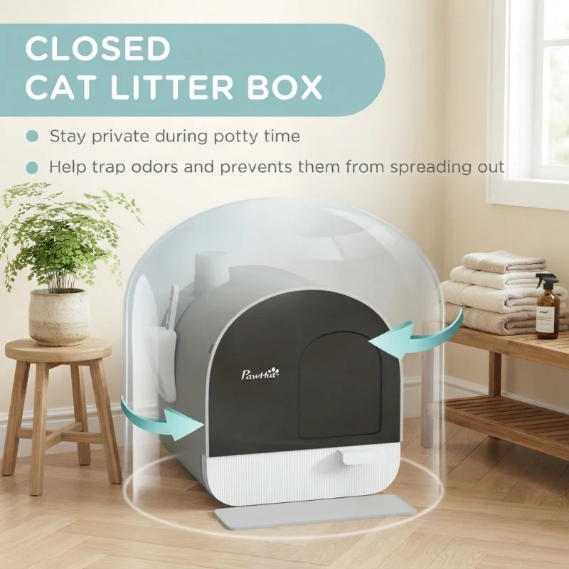 PawHut Cat Litter Box with Lid with Scoop and Filter, Light Gray