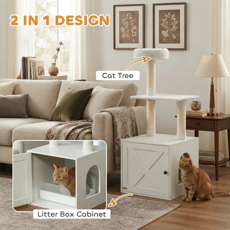 PawHut Cat Tree with Litter Box Enclosure, Scratching Posts, Bed, Climbing Platforms for Indoor Cats, White