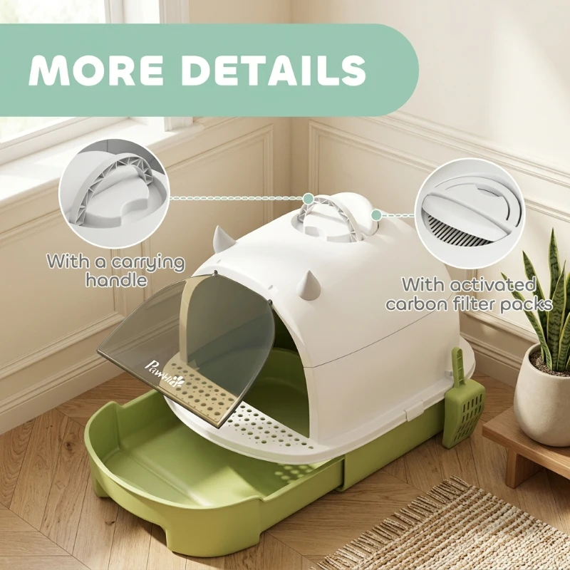 PawHut Covered Cat Litter Box with Lid, Scoop, Deodorizing Bags for Odor Control, Privacy, Easy to Clean, Green
