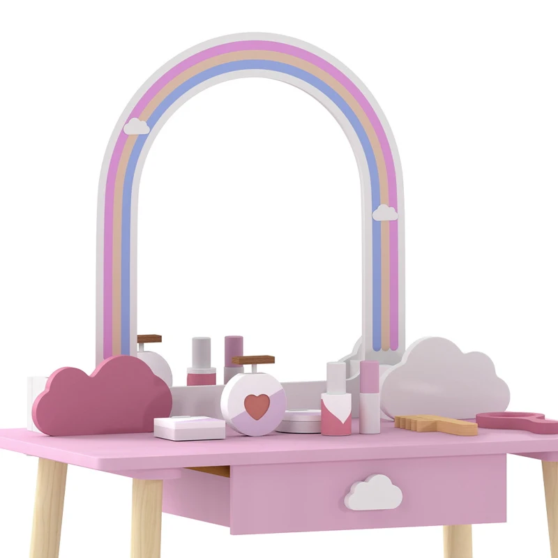 Qaba Kids Vanity Set, Makeup Vanity Table with Mirror, Stool, Drawer, 7-Piece Accessories, Cloud-Design for Girls 3-6 Y, Pink