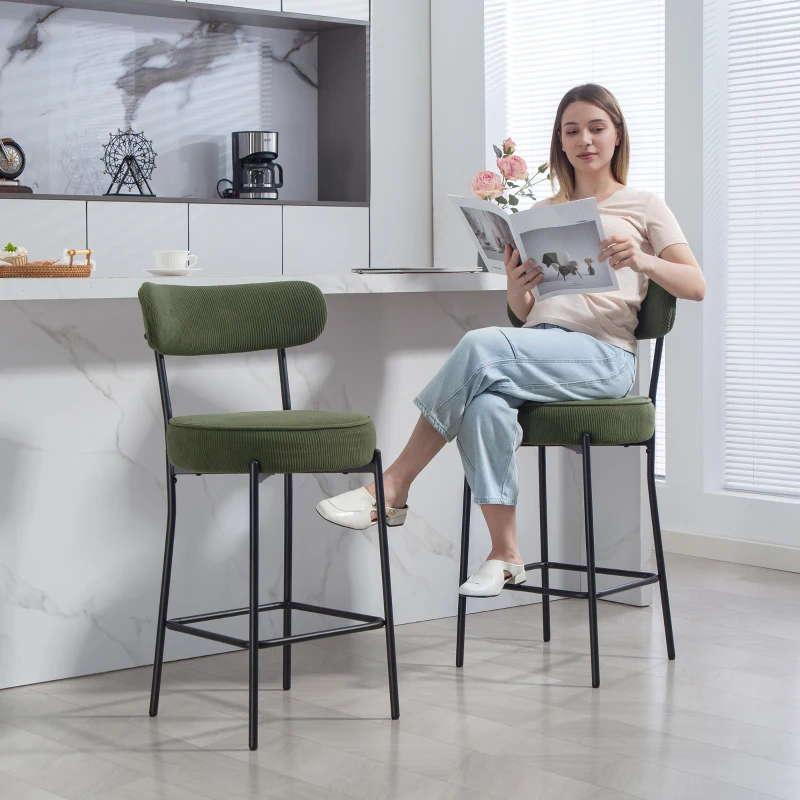 HOMCOM Set of 2 Barstools, Upholstered Corduroy Bar Stools with Backrest, Footrest for Kitchen Island, Dining Room, Green