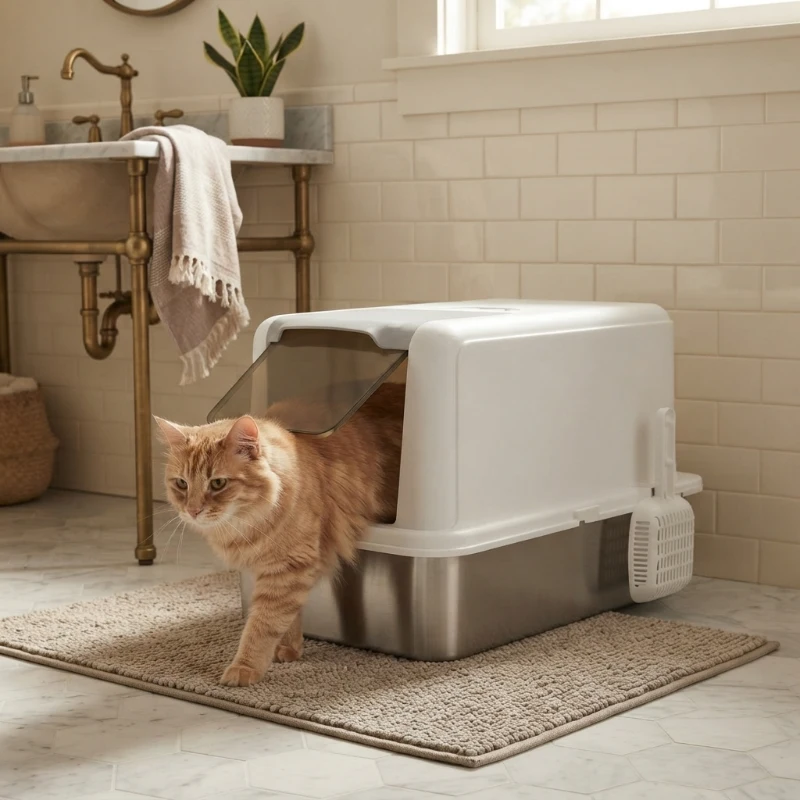 PawHut 2 in 1 Stainless Steel Cat Litter Box with Removable Lid, Scoop, Filter Bags, for Small to Large Cats, White