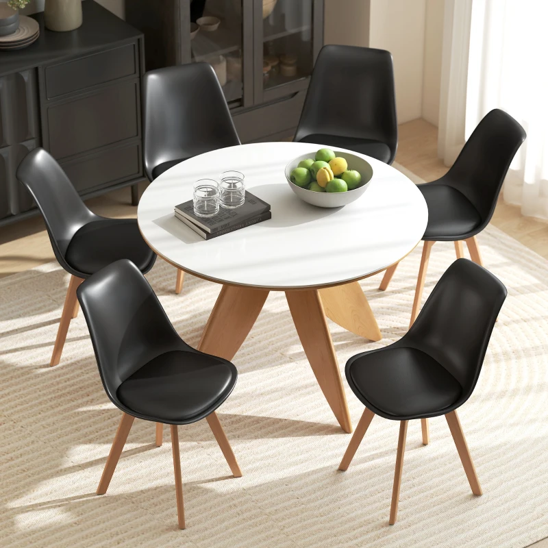 HOMCOM Modern Dining Table Chairs Set of 6, Rubber Wood Kitchen Table Chairs with PU Leather Cushion for Living Room, Bedroom