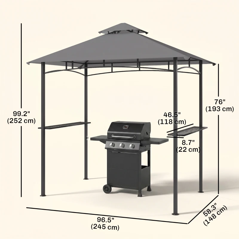 Outsunny 8' x 5' BBQ Grill Gazebo Tent with Double Tiered Canopy for Outdoor Sun Shade, Grey