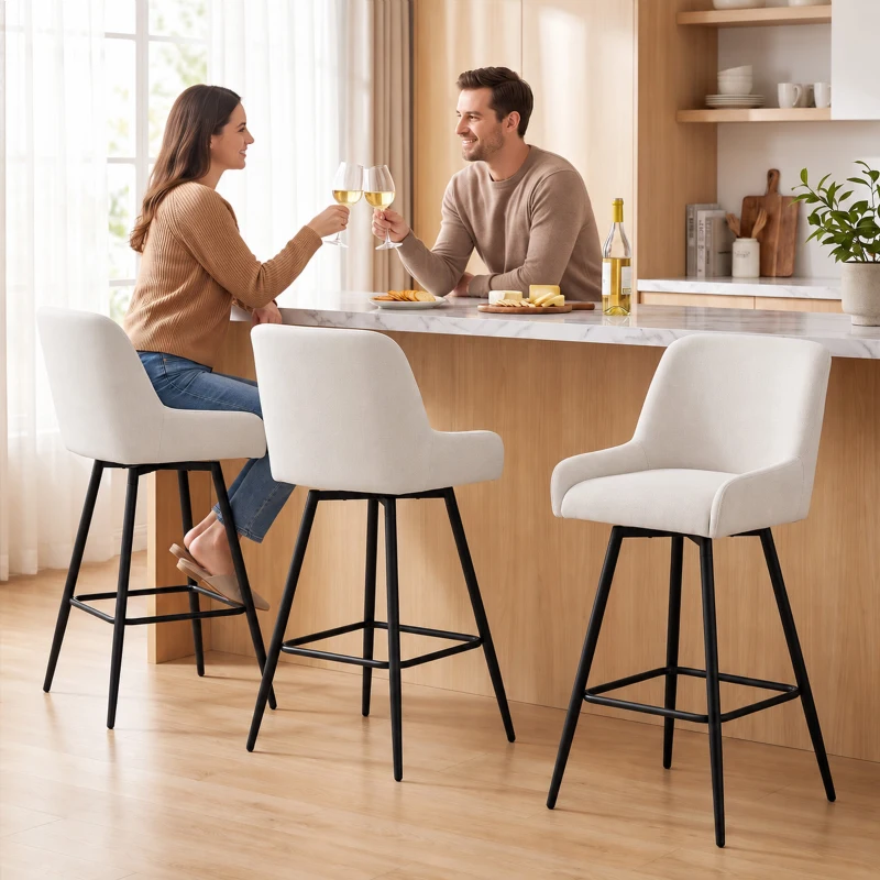 HOMCOM Kitchen Island Chairs Counter Height Bar Stools with Swivel Linen Seat and Footrest, Cream White