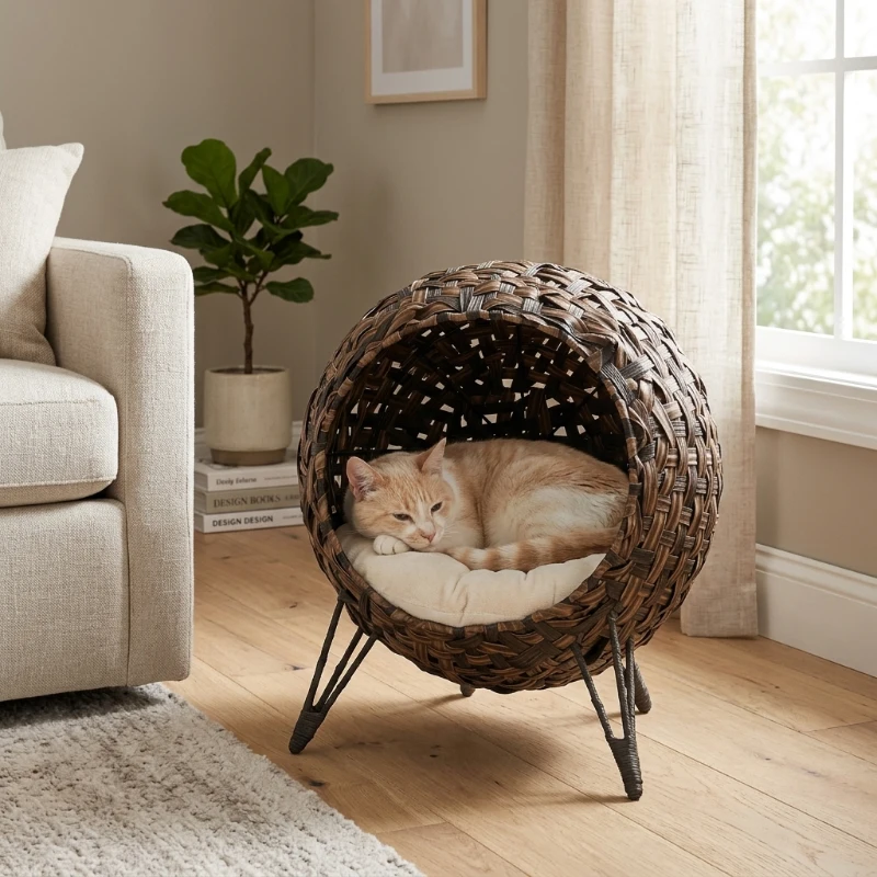 PawHut 20.5" Weaved Cat Bed, Elevated Hand-woven Braided Banana Leaf Kitten House Condo with Cushion, Brown
