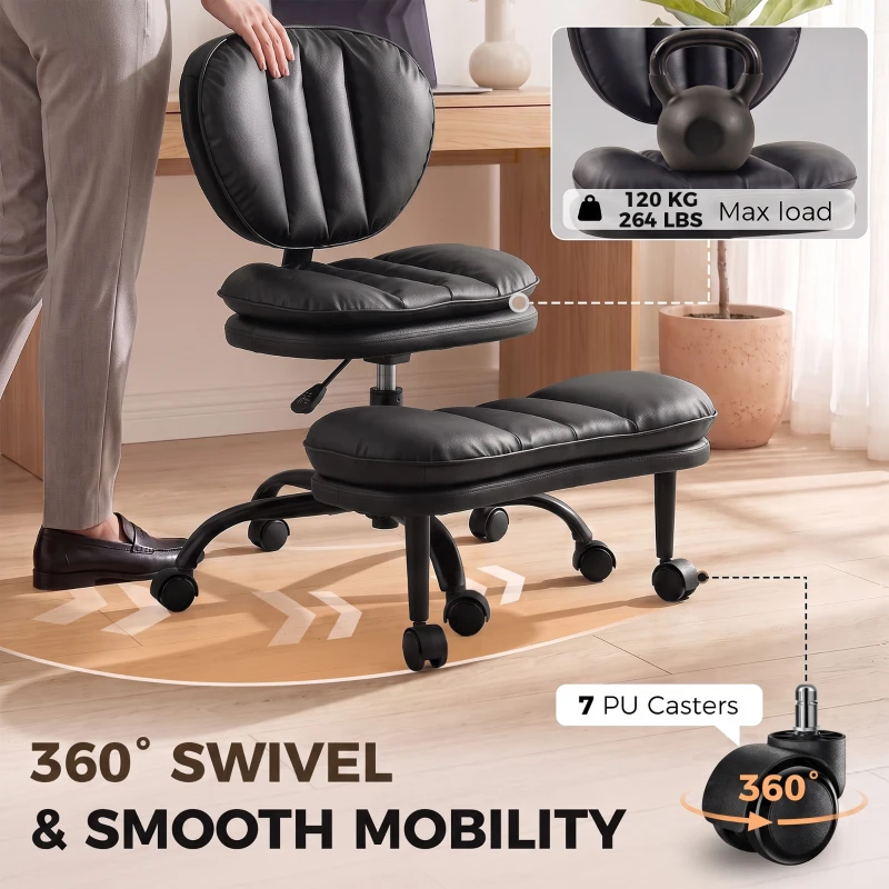 HOMCOM Ergonomic Cross Legged Office Chair, 360° Swivel Meditation Desk Chair with Wheels and Detachable Wider Footrest, Black