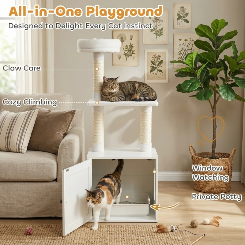 PawHut Cat Tree with Litter Box Enclosure, Scratching Posts, Bed, Climbing Platforms for Indoor Cats, White