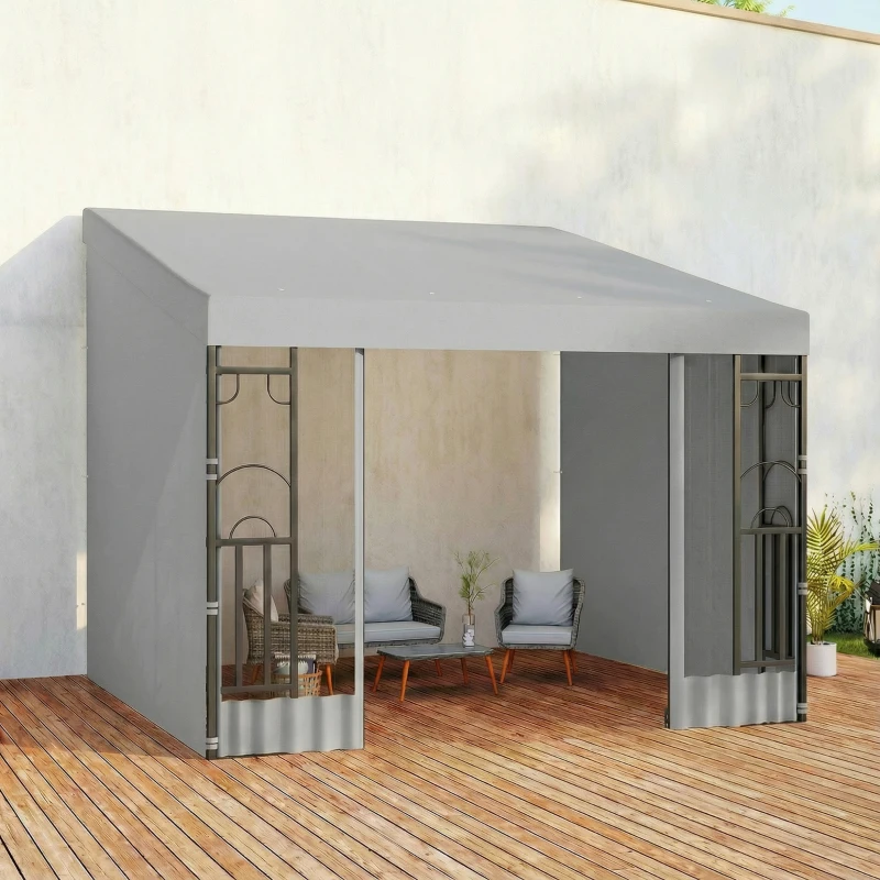 Outsunny 10' x 10' Wall Pergola, Outdoor Gazebo with 2 Curtains and 2 Nettings, UV Resistant, for Patio, Deck, Light Grey