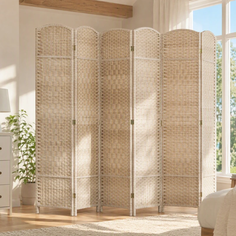 HOMCOM Folding Room Divider Screen 6 Panel 6' Tall Privacy Screen Freestanding Wood Partition for Home Office, Washed Oak