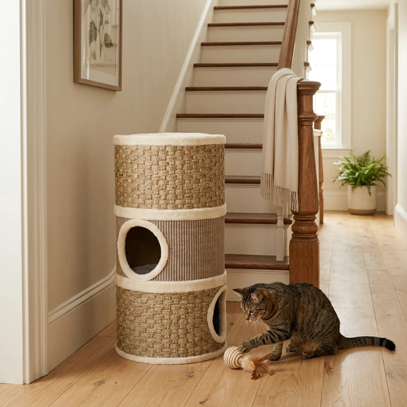 PawHut 28 Inch Cat Condo, 3 Story Cat Hideaway with Sisal Scratching Pad