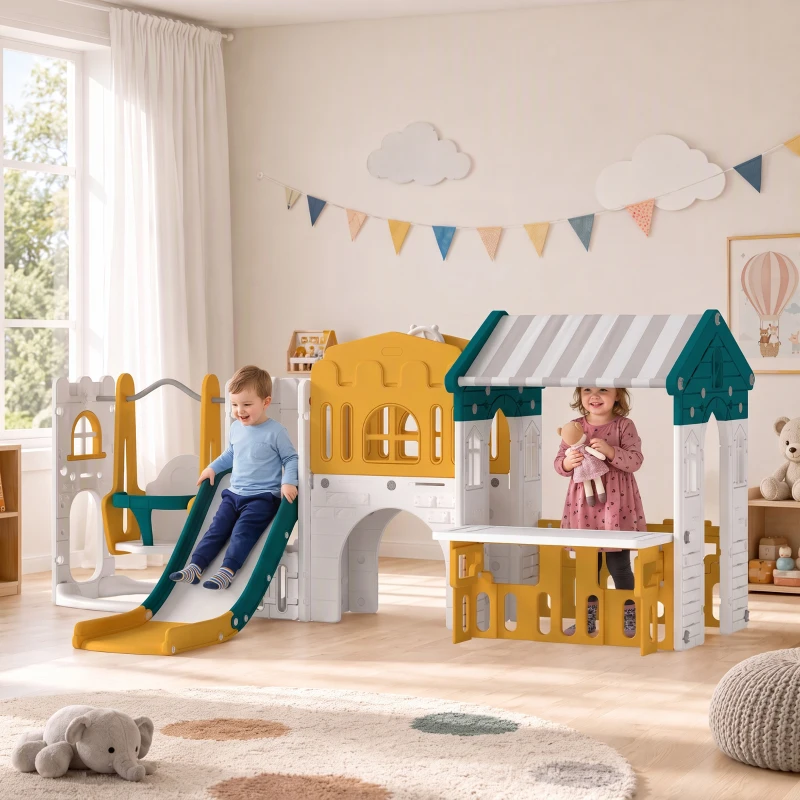 Qaba 11 in 1 Toddler Slide and Swing Set w/ Playhouse, Kids Slide Playset Indoor Playground for 1-4 Years, Yellow