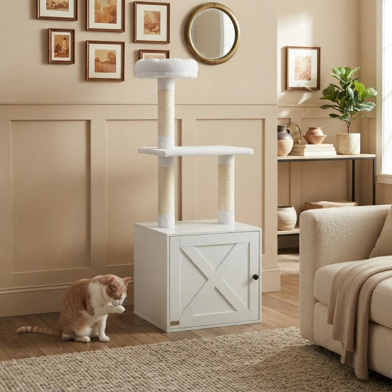 PawHut Cat Tree with Litter Box Enclosure, Scratching Posts, Bed, Climbing Platforms for Indoor Cats, White
