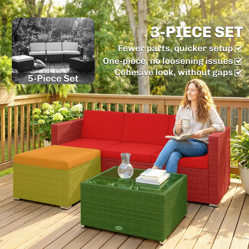 Outsunny 3 Pieces Patio Furniture Set with Cushions, Outdoor PE Rattan Wicker Conversation Corner Sofa Set with Glass Top Table