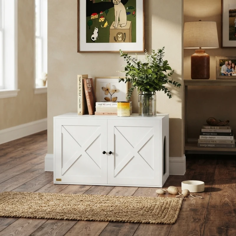 PawHut Cat Litter Box Enclosure with Barn Door, Cat Hole, 31.5" x 21" x 20", White