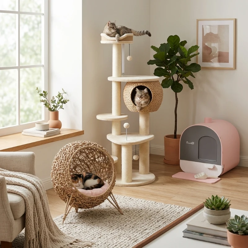 PawHut 20.5" Weaved Cat Bed, Elevated Hand-woven Braided Banana Leaf Kitten House Condo with Cushion, Beige