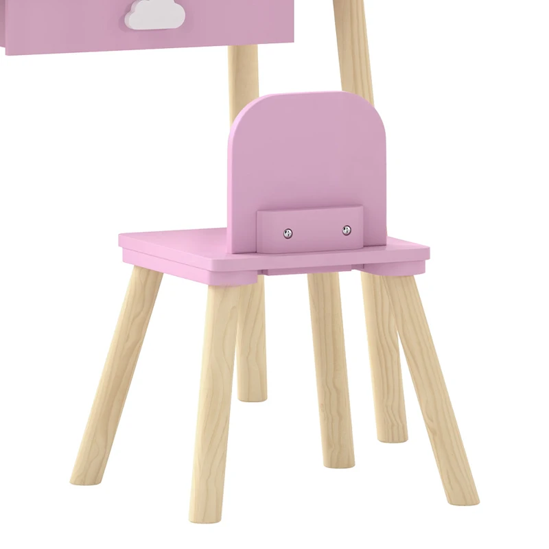 Qaba Kids Vanity Set, Makeup Vanity Table with Mirror, Stool, Drawer, 7-Piece Accessories, Cloud-Design for Girls 3-6 Y, Pink