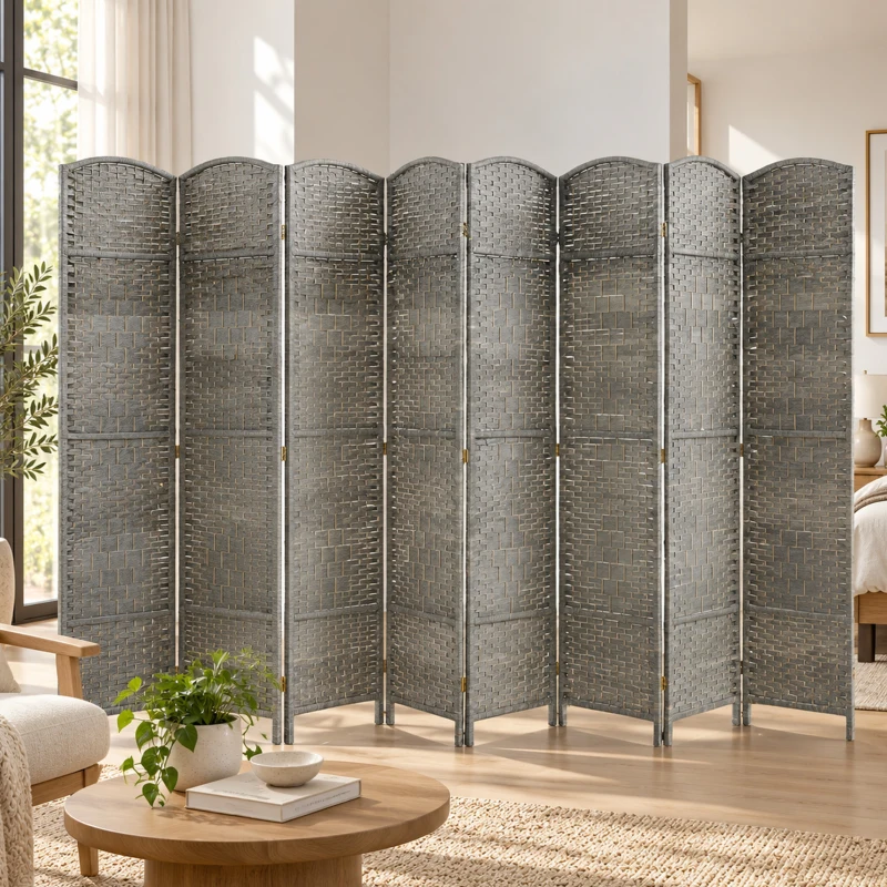 HOMCOM 6 Ft Tall Folding Room Divider, 8 Panel Portable Privacy Screen, Hand-Woven Partition Wall Divider, Mixed Grey