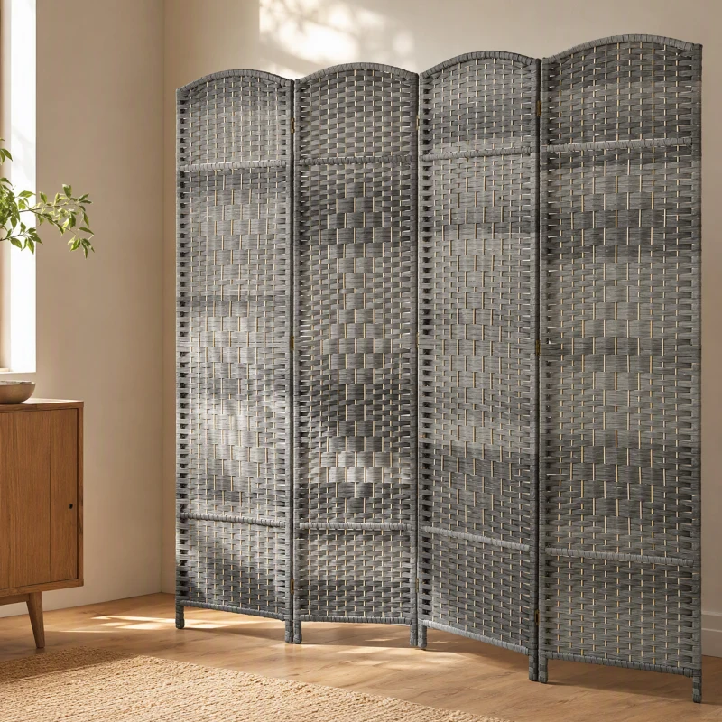 HOMCOM Folding Room Divider Screen 4 Panel 6' Tall Privacy Screen Freestanding Wood Partition for Home Office, Mixed Gray
