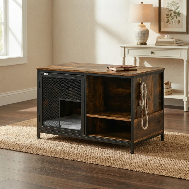 PawHut Wooden Cat Crate, Furniture Style Dog Cage, Puppy Kennel Indoor, End Table Pet House with Cushion and Sliding Doors, Rustic Brown