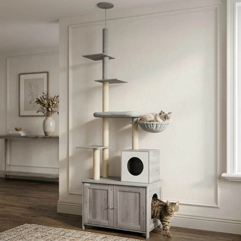 PawHut 2 in 1 Floor to Ceiling Cat Tree with Litter Box Enclosure, Condo, Bed, Hammock, Scratching Posts, and Platforms, Gray
