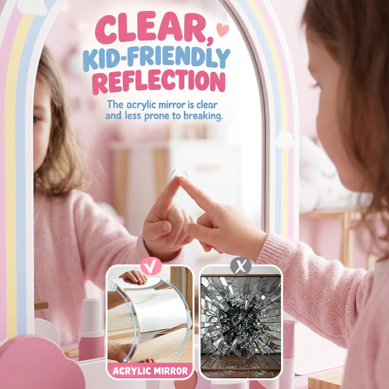 Qaba Kids Vanity Set, Makeup Vanity Table with Mirror, Stool, Drawer, 7-Piece Accessories, Cloud-Design for Girls 3-6 Y, Pink