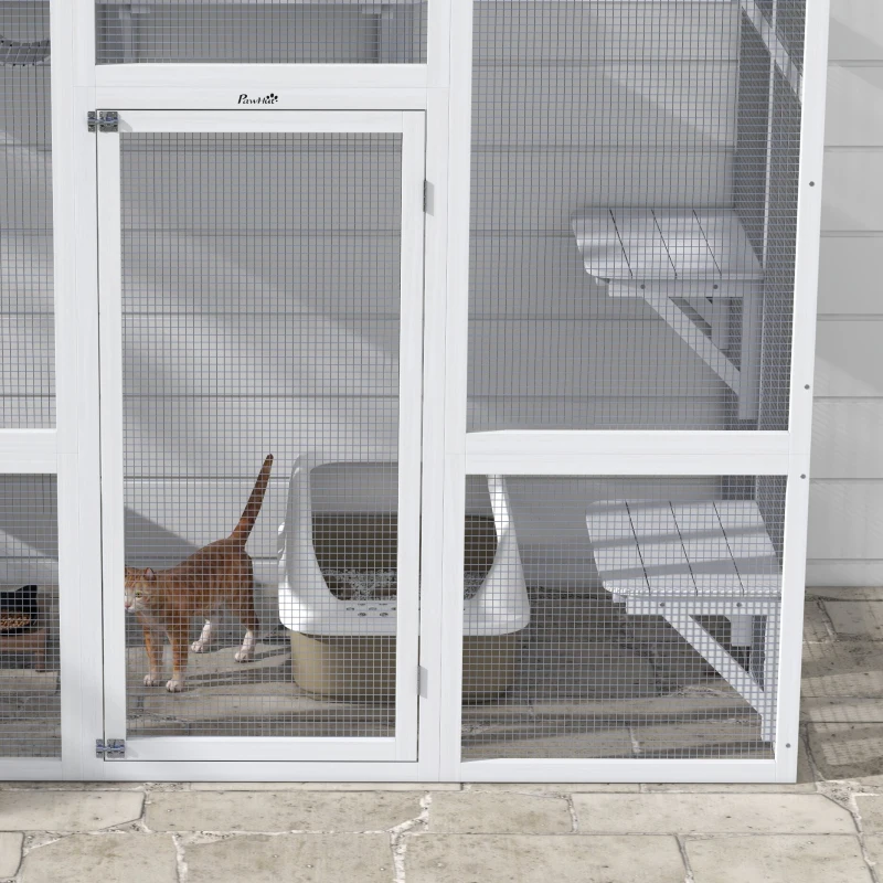 PawHut Large Outdoor Catio, Cat Window Box with Weatherproof Roof, Bridge, Resting Box, Platforms, for 2 Kittens, White