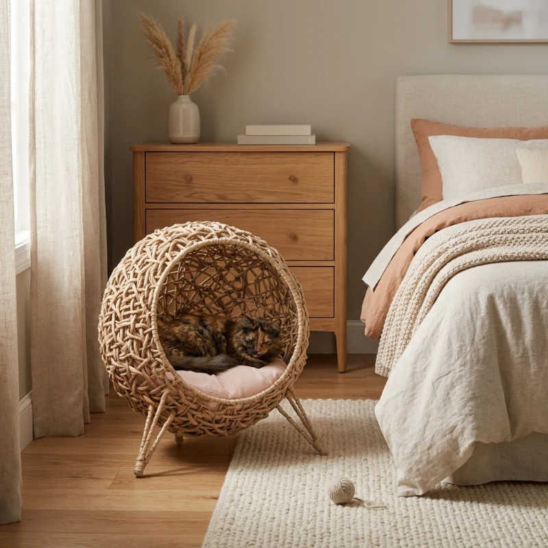 PawHut 20.5" Weaved Cat Bed, Elevated Hand-woven Braided Banana Leaf Kitten House Condo with Cushion, Beige