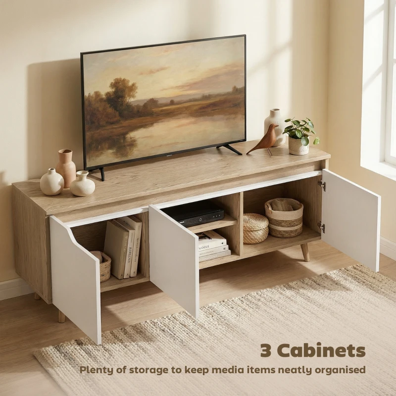 HOMCOM TV Stand for TVs up to 55 Inches Farmhouse TV Console Storage Adjustable Shelf 3 Cabinets Living Room Oak and White