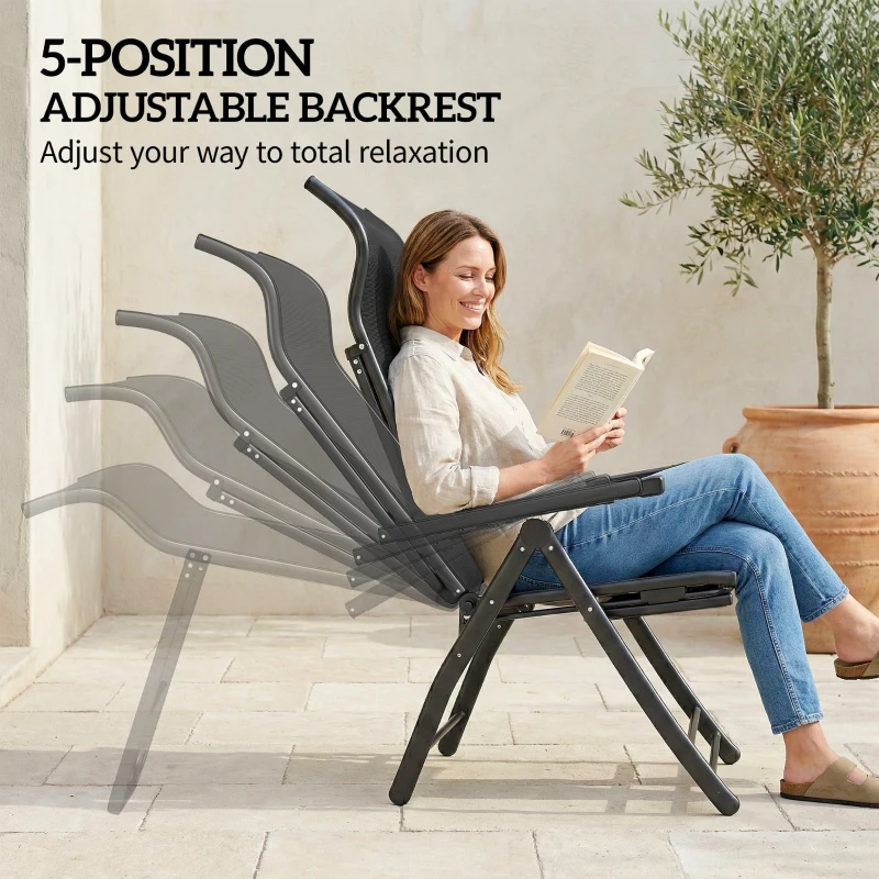 Outsunny Folding Patio Chairs Set of 2, 5-Position Outdoor Lounge Chairs with High Back, Retractable Footrest, Black