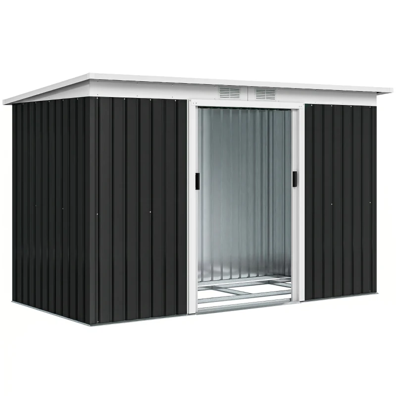 Outsunny 9' x 4' Outdoor Storage Shed, Galvanized Steel Garden Shed with Foundation Kit, Ventilation & Doors, Dark Grey