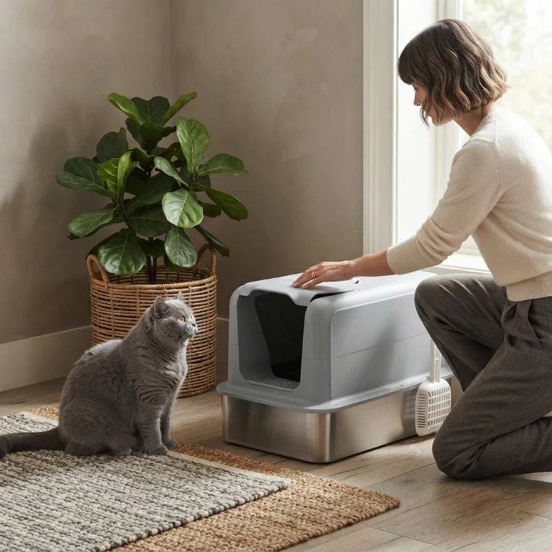 PawHut 2 in 1 Stainless Steel Cat Litter Box with Removable Lid, Scoop, Filter Bags, for Small to Large Cats, Gray