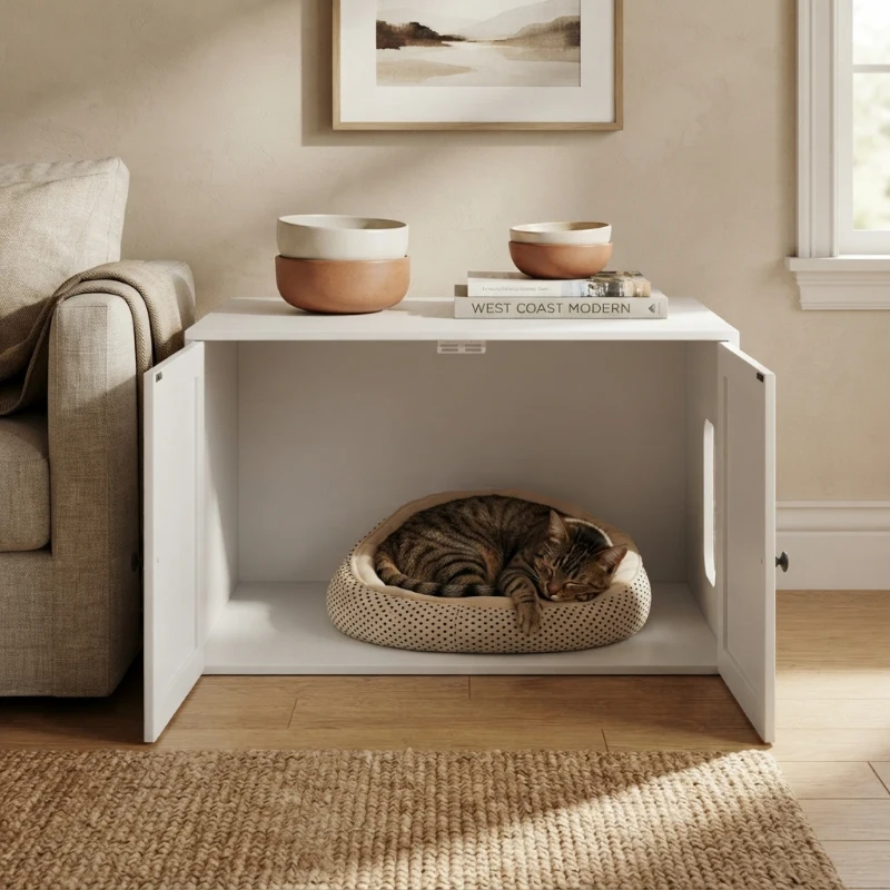 PawHut Cat Litter Box Enclosure with Barn Door, Cat Hole, 31.5" x 21" x 20", White