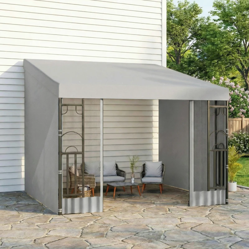 Outsunny 10' x 10' Wall Pergola, Outdoor Gazebo with 2 Curtains and 2 Nettings, UV Resistant, for Patio, Deck, Light Grey