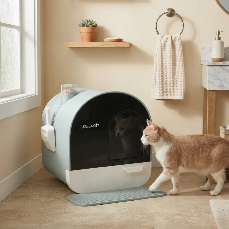 PawHut Fully Enclosed Cat Litter Box with Lid & Drawer Design, Covered Litter Box Anti-Leakage, Anti-Splashing, Green