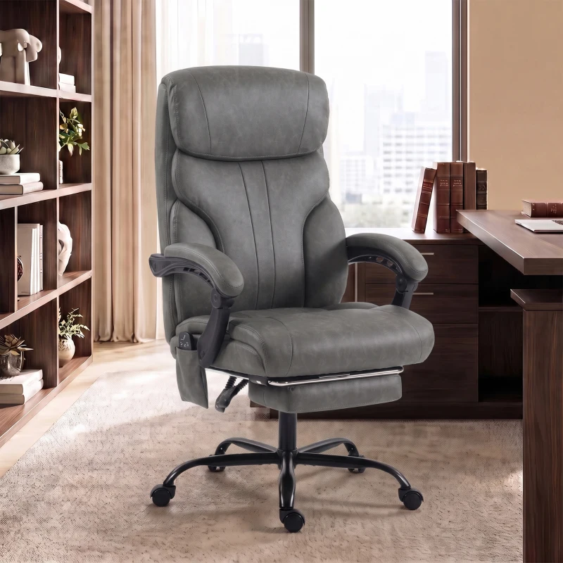 HOMCOM Massage Office Chair Vibration Computer Chair Heated Reclining PU Leather Footrest Height Adjustable Gray