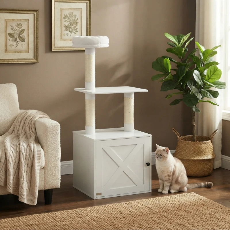 PawHut Cat Tree with Litter Box Enclosure, Scratching Posts, Bed, Climbing Platforms for Indoor Cats, White
