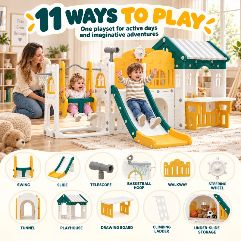 Qaba 11 in 1 Toddler Slide and Swing Set w/ Playhouse, Kids Slide Playset Indoor Playground for 1-4 Years, Yellow