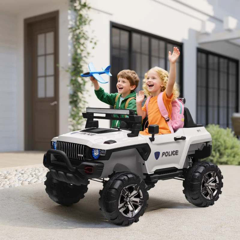 Aosom 2 Seater Ride-On Car, Electric Police Truck for Kids with LED Lights, MP3 and Parental Remote Control, White