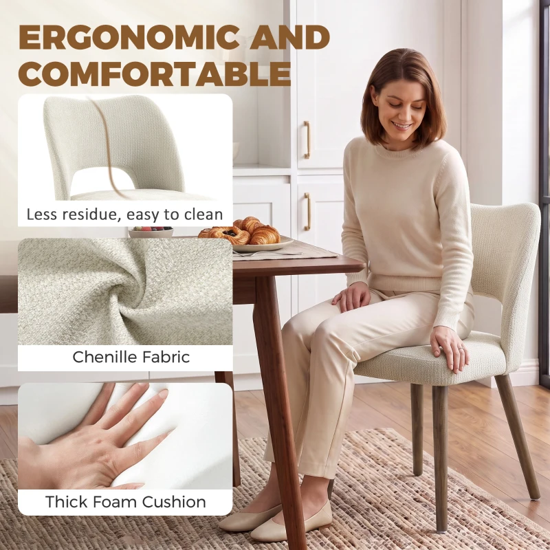 HOMCOM Dining Chairs Set Upholstered Kitchen Chenille Tool Free Assembly Rubberwood Legs, Cream White