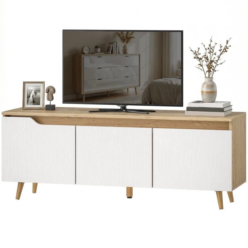 HOMCOM TV Stand for TVs up to 55 Inches Farmhouse TV Console Storage Adjustable Shelf 3 Cabinets Living Room Oak and White