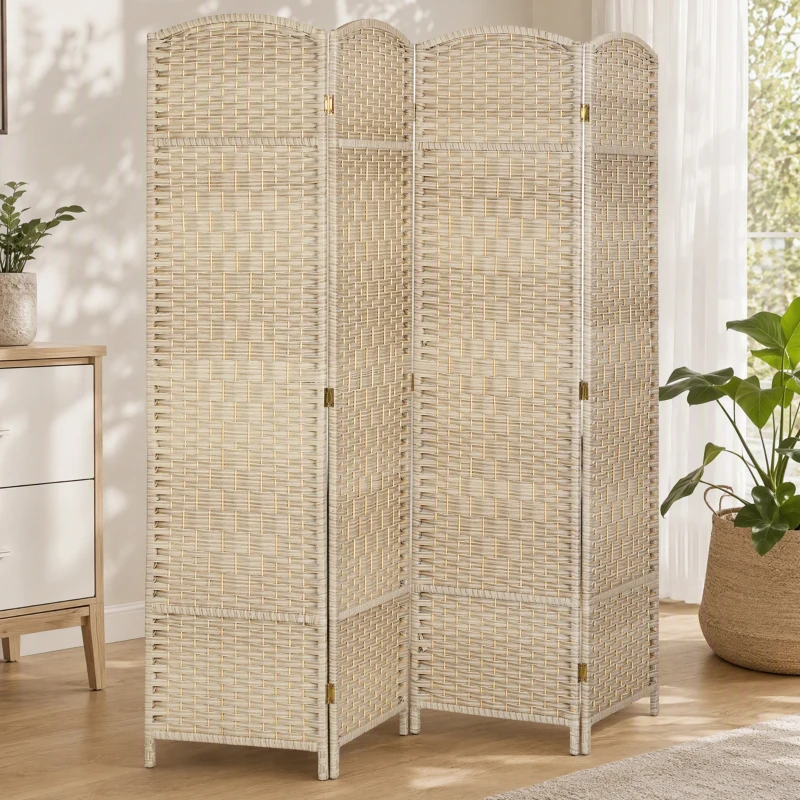 HOMCOM Folding Room Divider Screen 4 Panel 6' Tall Privacy Screen Freestanding Wood Partition for Home Office, Washed Oak