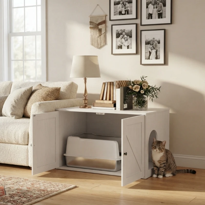 PawHut Cat Litter Box Enclosure with Barn Door, Cat Hole, 31.5" x 21" x 20", White