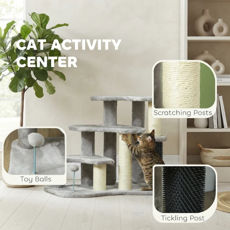 PawHut 2 in 1 Cat Tree Tower 3-Step Pet Stairs with Scratching Posts, Tickling Post, Toy Balls, for High Beds, Couch